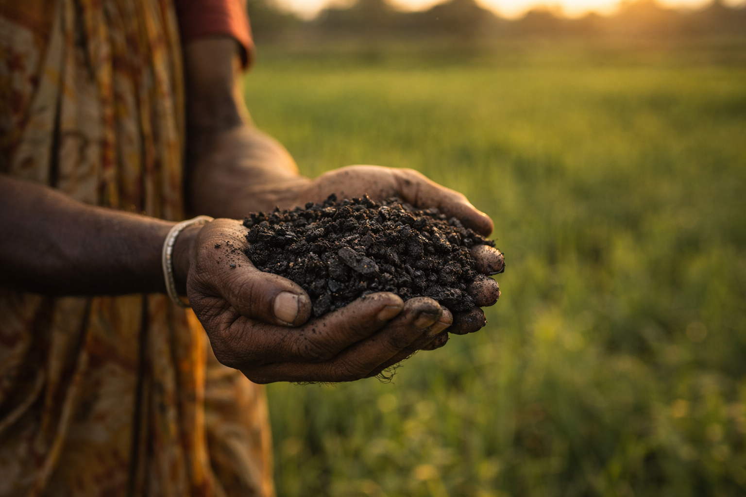 Hands holding biochar in an Indian farming context